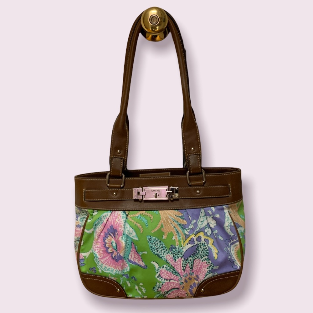 Chaps Medium Satchel, Fabric with Brown Vegan Leather Trim